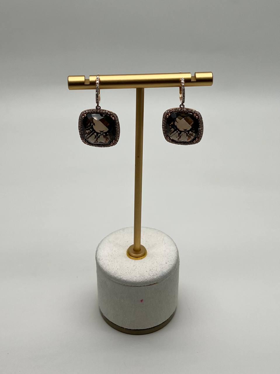 Cushion Shape Brown Smoky Quartz Diamond Halo Set 14K White Gold Drop Earrings