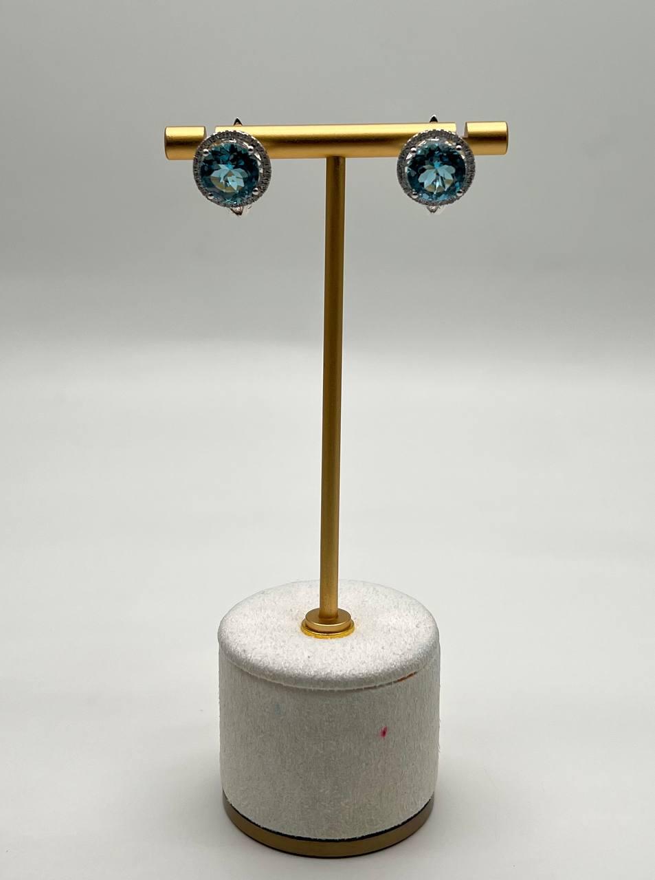 Round Swiss Blue Topaz Diamond Halo 14K White Gold Stud Earrings