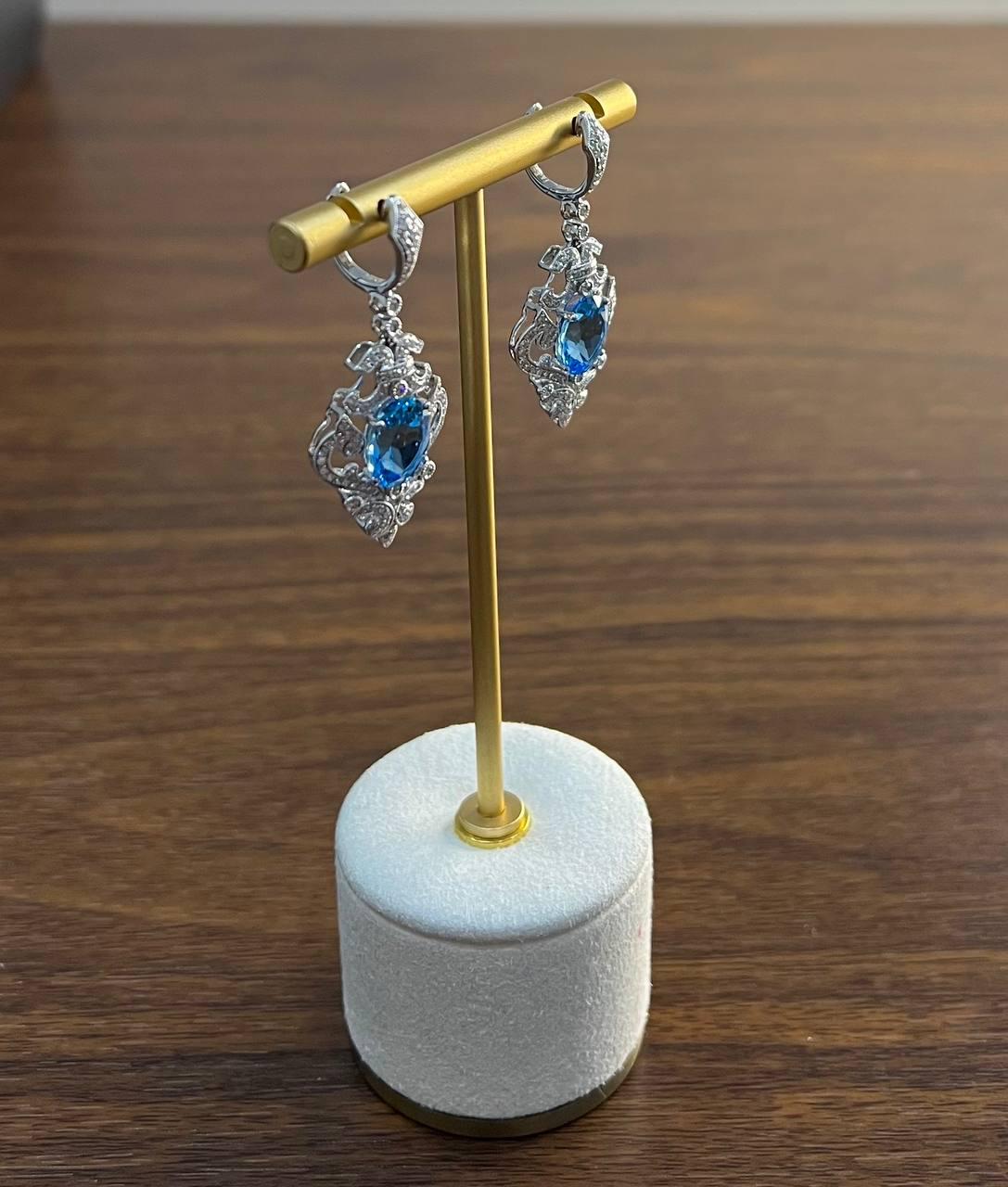 Swiss Blue Topaz White Diamonds 14K White Gold Statement Scroll Earrings