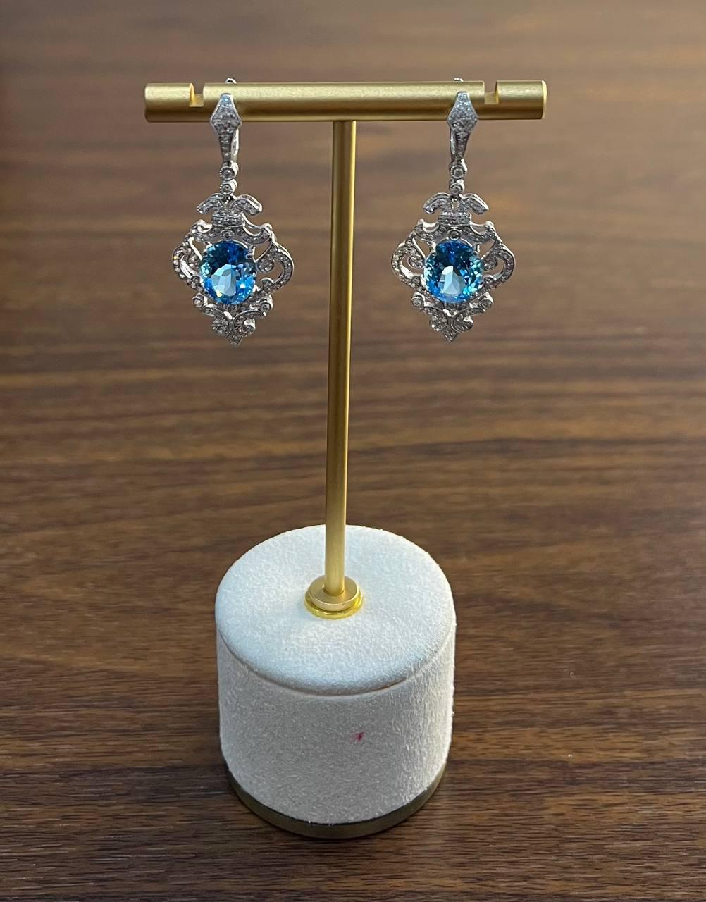 Swiss Blue Topaz White Diamonds 14K White Gold Statement Scroll Earrings