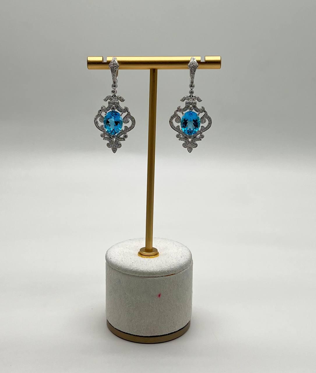 Swiss Blue Topaz White Diamonds 14K White Gold Statement Scroll Earrings