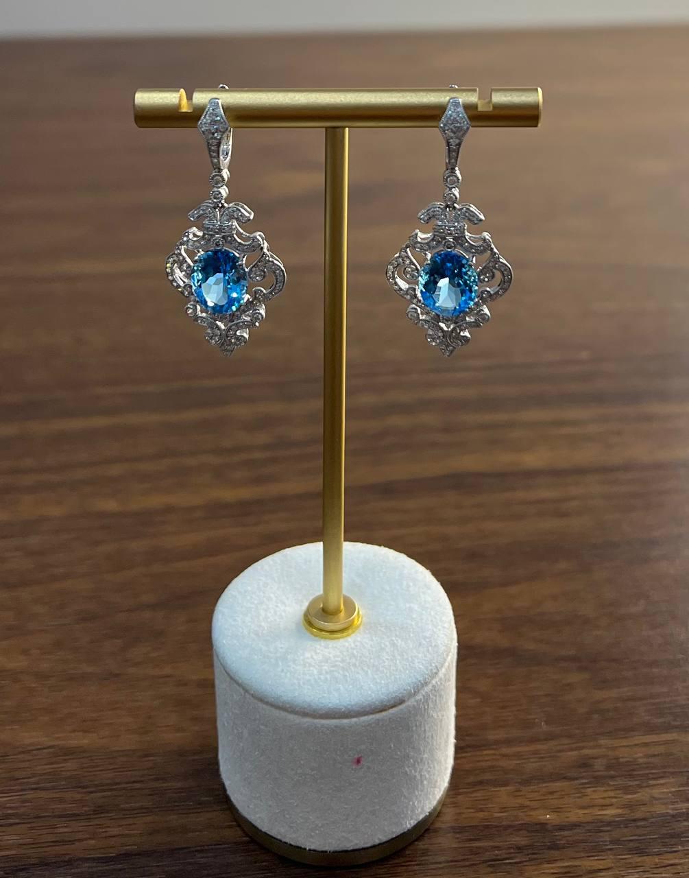 Swiss Blue Topaz White Diamonds 14K White Gold Statement Scroll Earrings
