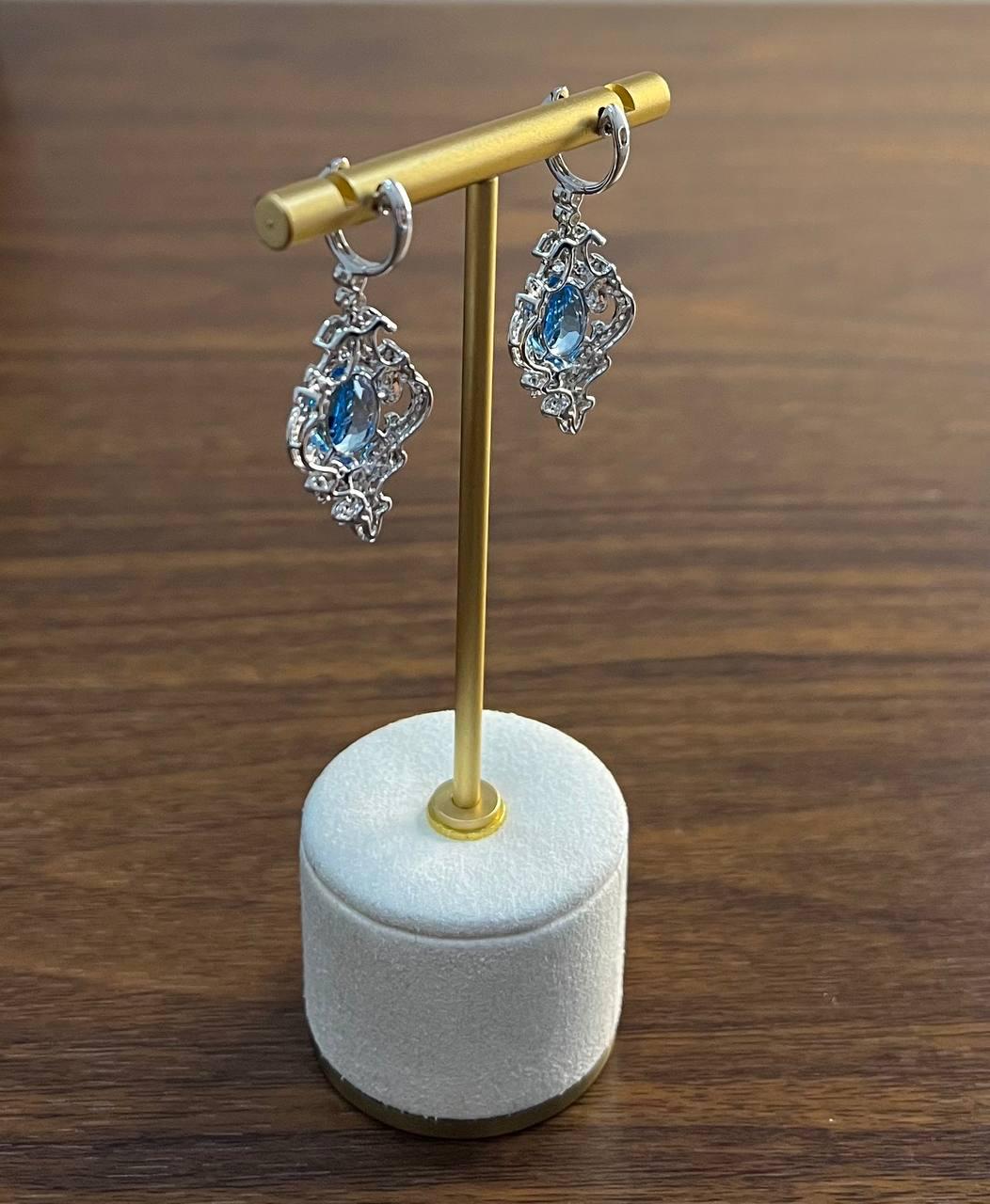 Swiss Blue Topaz White Diamonds 14K White Gold Statement Scroll Earrings