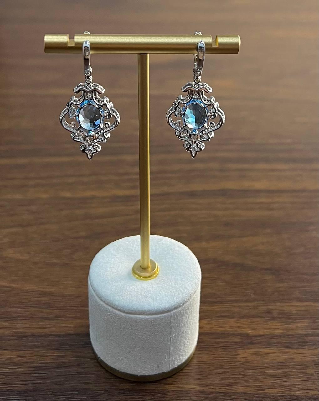 Swiss Blue Topaz White Diamonds 14K White Gold Statement Scroll Earrings