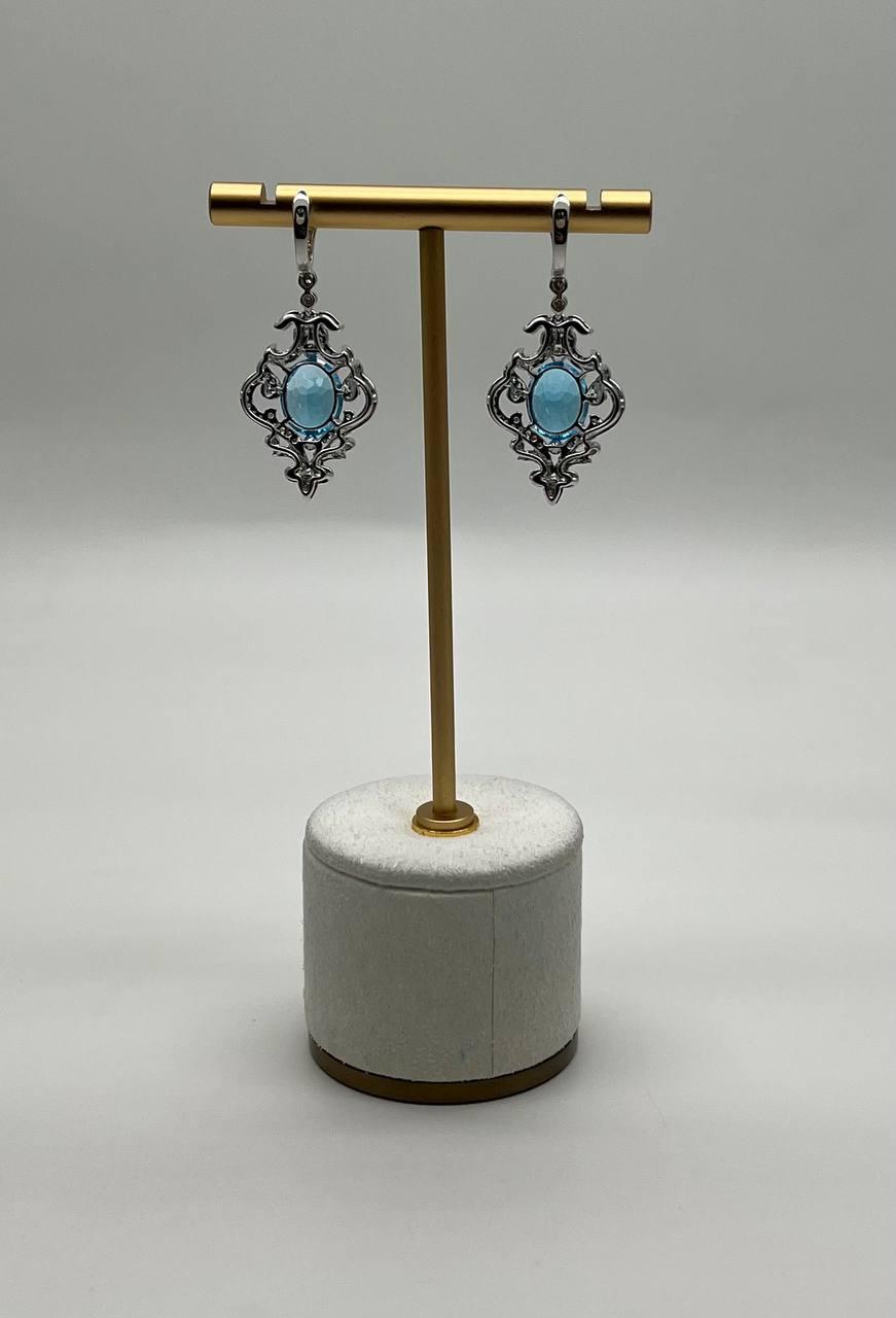 Swiss Blue Topaz White Diamonds 14K White Gold Statement Scroll Earrings