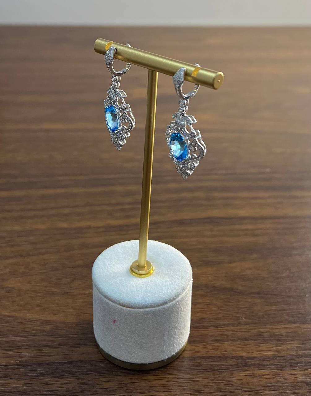 Swiss Blue Topaz White Diamonds 14K White Gold Statement Scroll Earrings