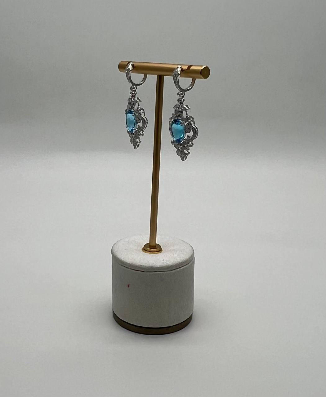 Swiss Blue Topaz White Diamonds 14K White Gold Statement Scroll Earrings