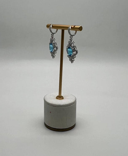 Swiss Blue Topaz White Diamonds 14K White Gold Statement Scroll Earrings