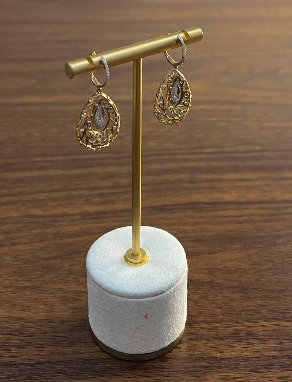 Diamond Pave Natural Floral Inspired Motifs Lattice Branches 14K Gold Earrings