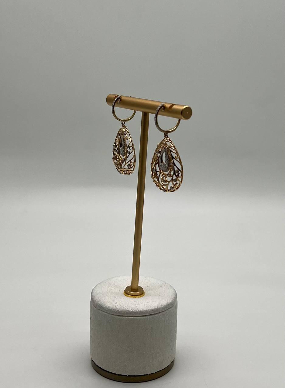 Diamond Pave Natural Floral Inspired Motifs Lattice Branches 14K Gold Earrings