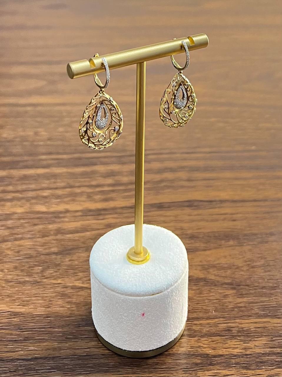 Diamond Pave Natural Floral Inspired Motifs Lattice Branches 14K Gold Earrings
