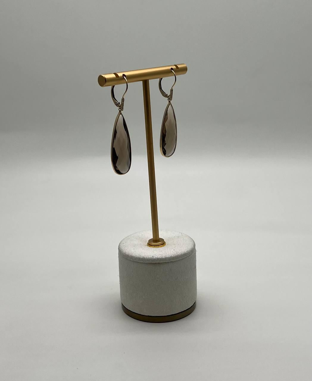 Brown Smoky Quartz Pear Teardrop Shape 14K Yellow Gold Statement Drop Earrings