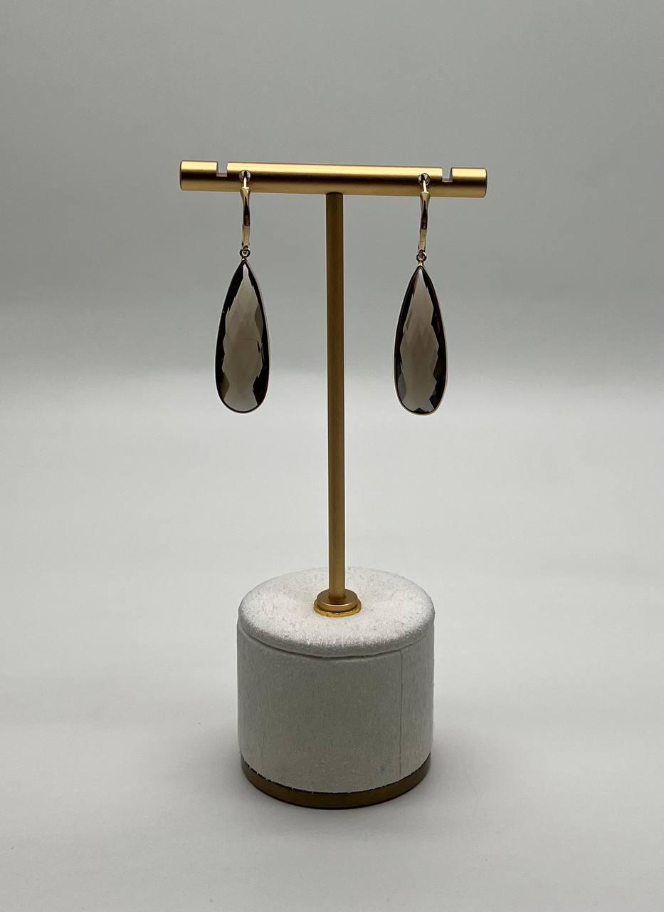 Brown Smoky Quartz Pear Teardrop Shape 14K Yellow Gold Statement Drop Earrings