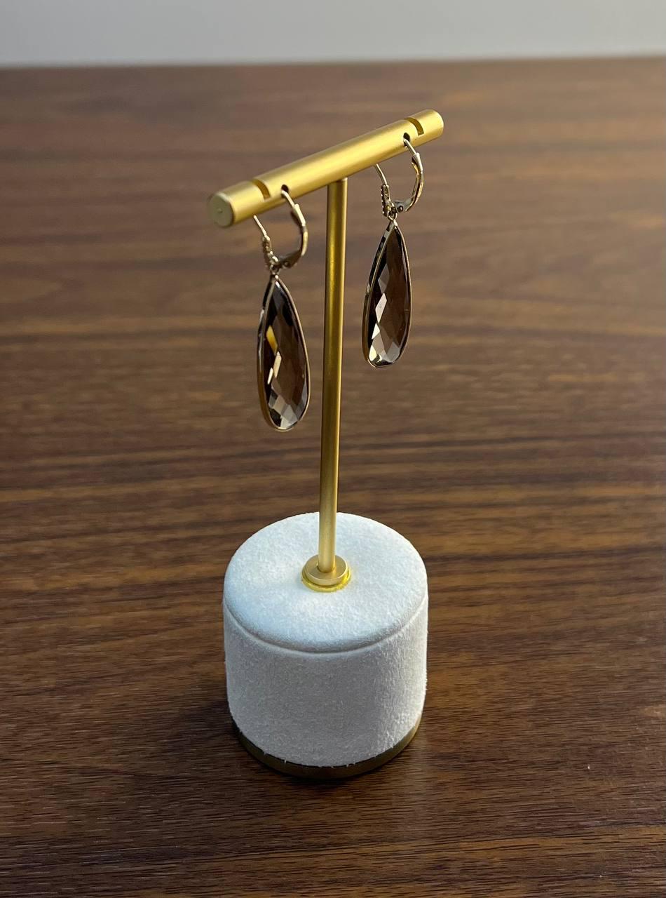 Brown Smoky Quartz Pear Teardrop Shape 14K Yellow Gold Statement Drop Earrings
