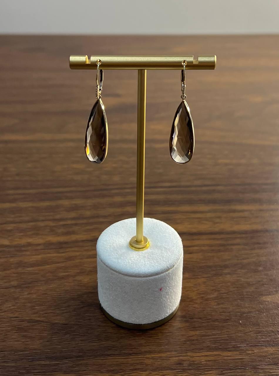Brown Smoky Quartz Pear Teardrop Shape 14K Yellow Gold Statement Drop Earrings