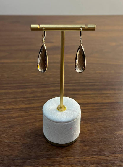 Brown Smoky Quartz Pear Teardrop Shape 14K Yellow Gold Statement Drop Earrings