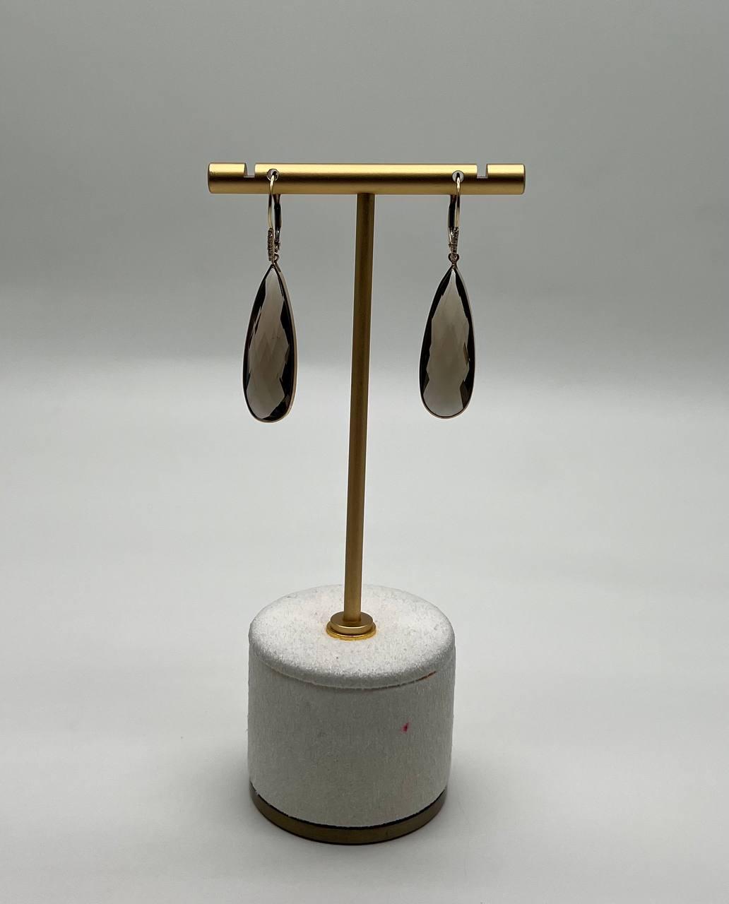 Brown Smoky Quartz Pear Teardrop Shape 14K Yellow Gold Statement Drop Earrings