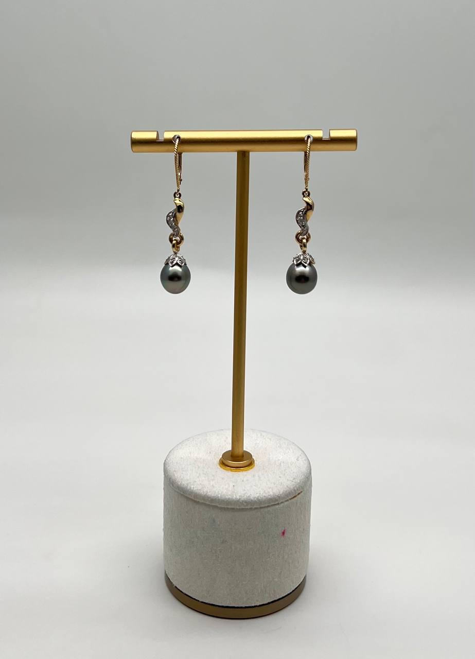 Silvery Grey Black Tahitian Pearl 14K Yellow Gold Diamond Drop Dangle Earrings
