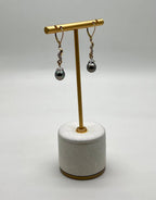 Silvery Grey Black Tahitian Pearl 14K Yellow Gold Diamond Drop Dangle Earrings