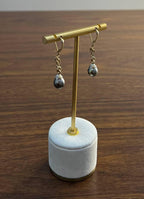 Silvery Grey Black Tahitian Pearl 14K Yellow Gold Diamond Drop Dangle Earrings