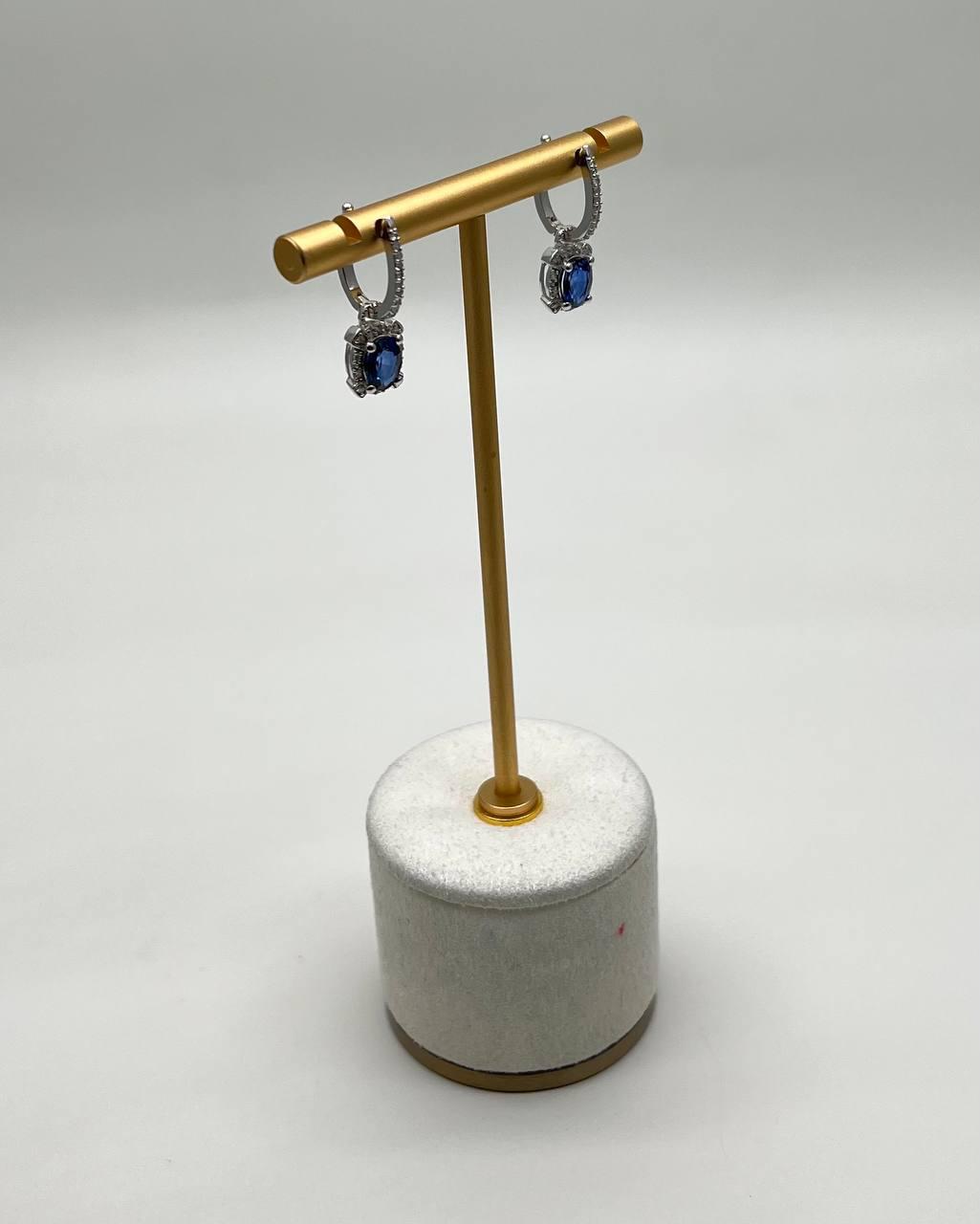 Oval Shape Blue Sapphire 14K White Gold Diamond Halo Huggie Statement Earrings
