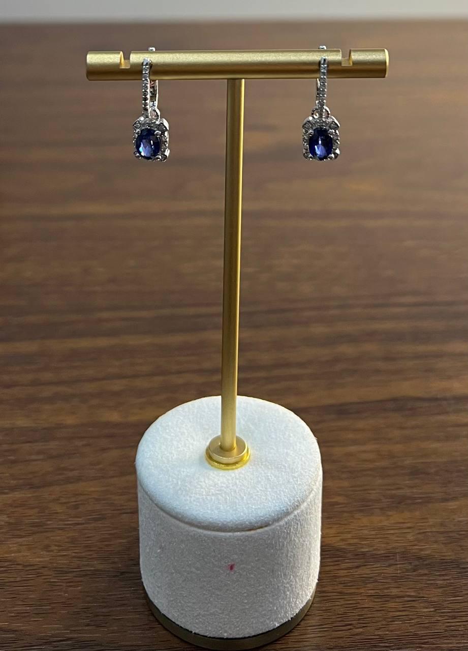 Oval Shape Blue Sapphire 14K White Gold Diamond Halo Huggie Statement Earrings