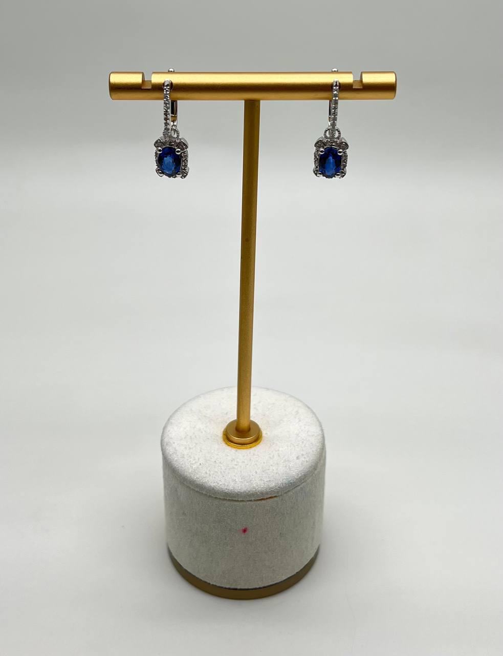 Oval Shape Blue Sapphire 14K White Gold Diamond Halo Huggie Statement Earrings