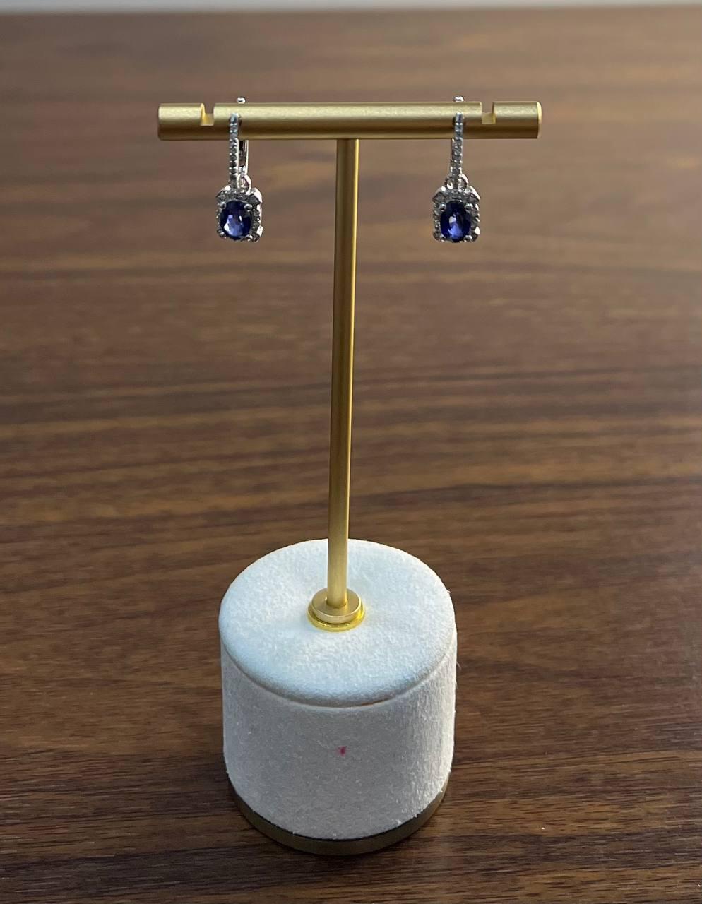 Oval Shape Blue Sapphire 14K White Gold Diamond Halo Huggie Statement Earrings