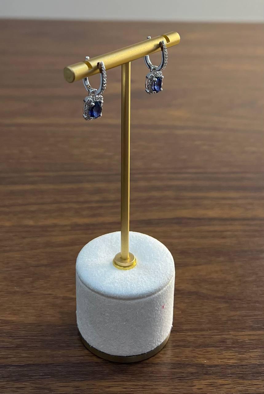Oval Shape Blue Sapphire 14K White Gold Diamond Halo Huggie Statement Earrings