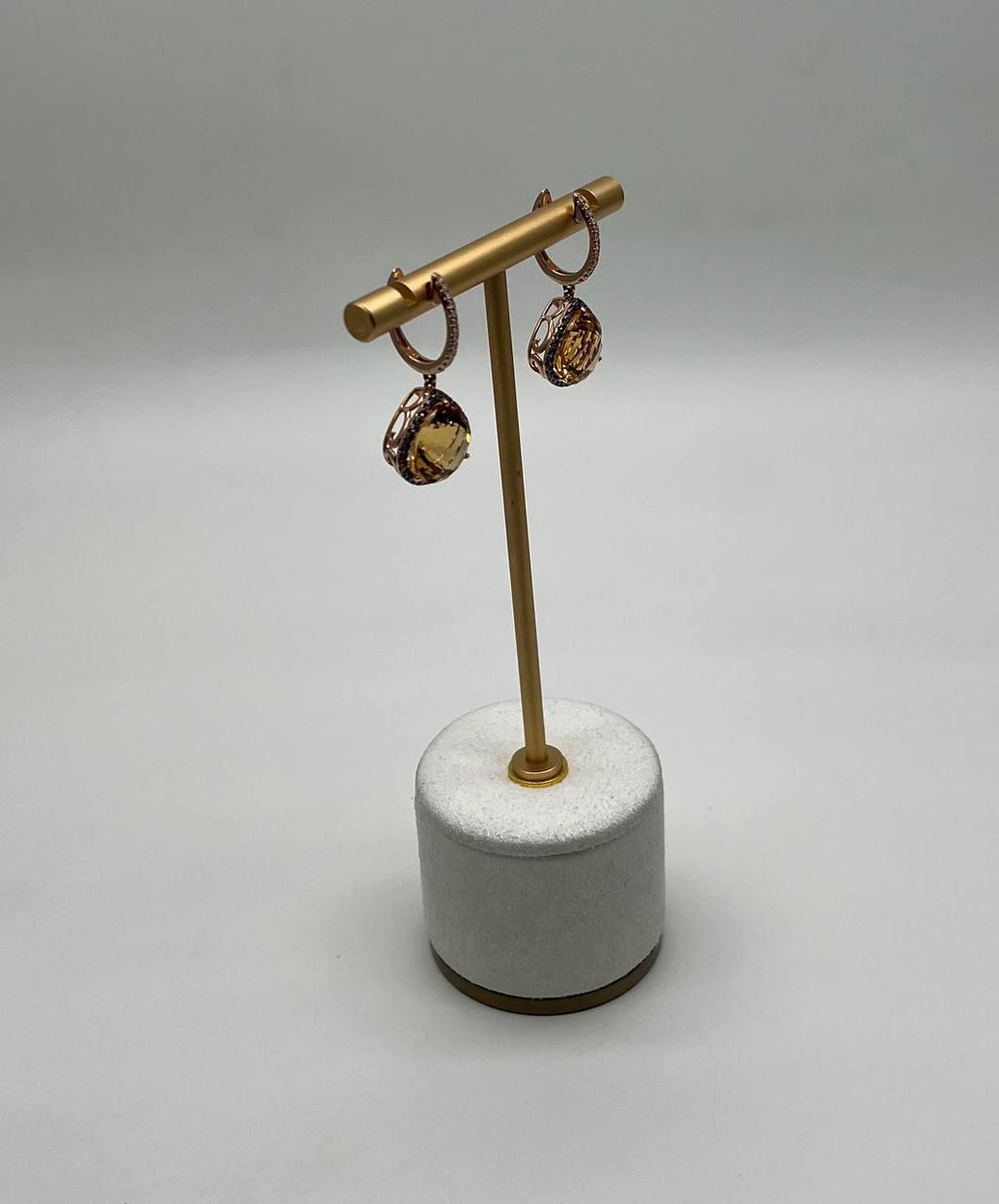 Amber Orange Pear Teardrop Shape Champagne Diamonds Halo 14KGold Dangle Earrings