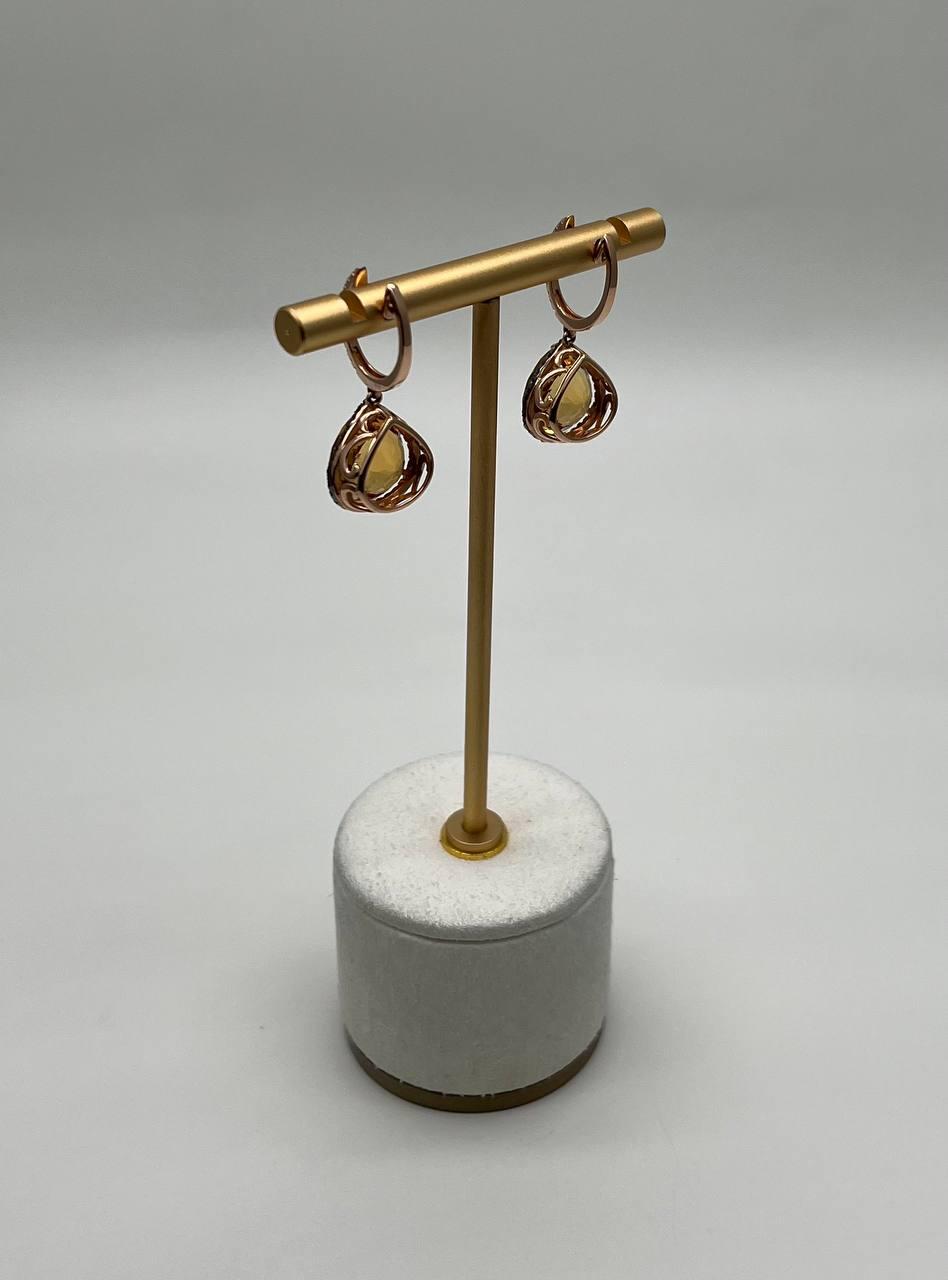 amber orange pear teardrop shape champagne diamonds halo 14kgold dangle earrings