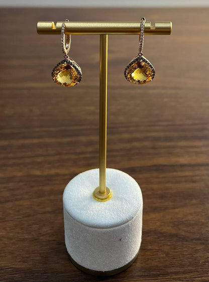 Amber Orange Pear Teardrop Shape Champagne Diamonds Halo 14KGold Dangle Earrings