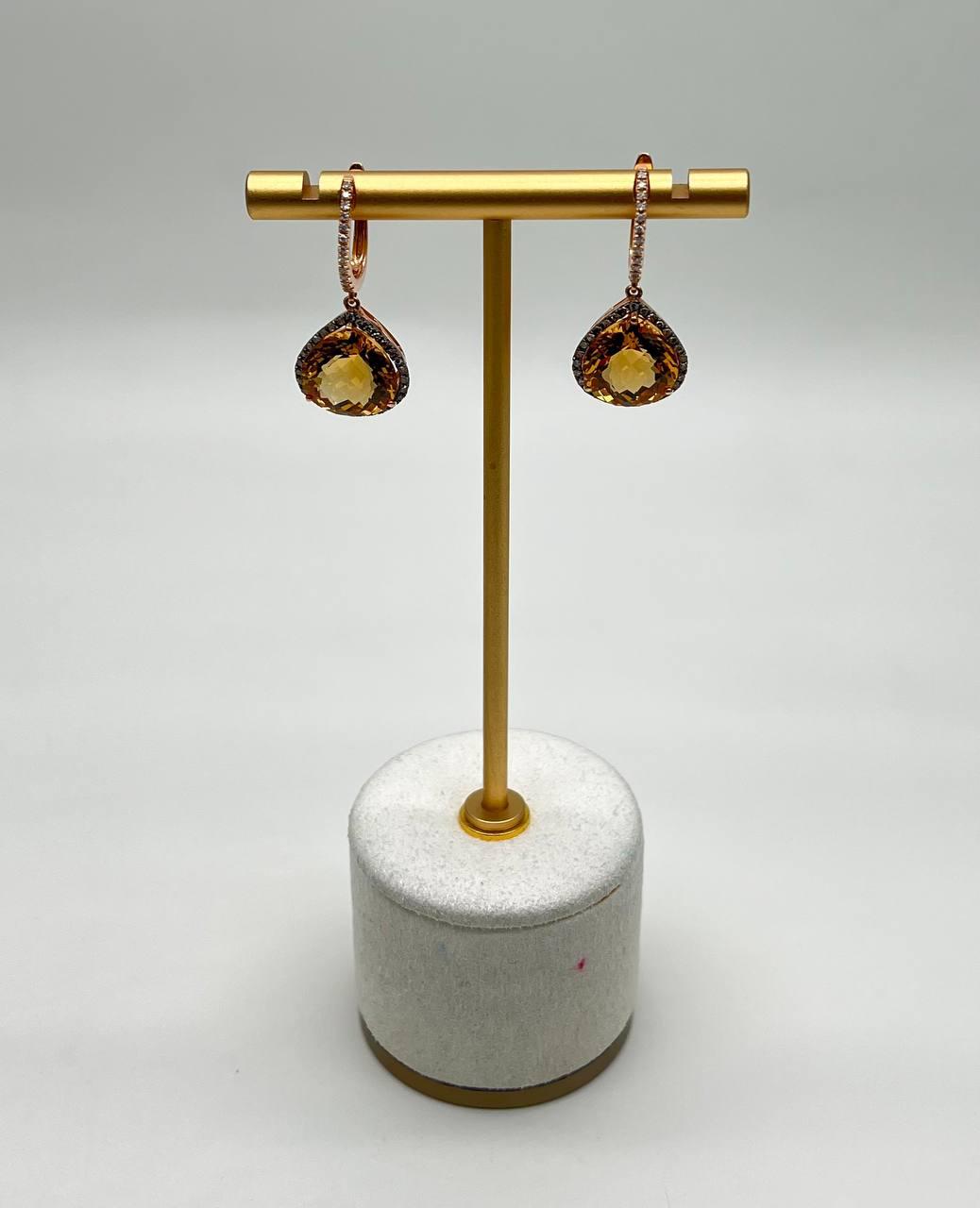 Amber Orange Pear Teardrop Shape Champagne Diamonds Halo 14KGold Dangle Earrings