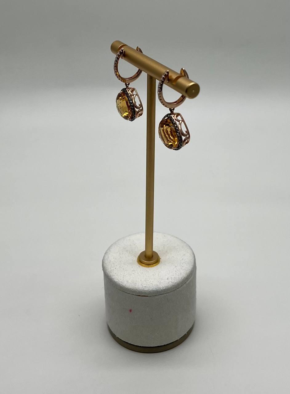 Amber Orange Pear Teardrop Shape Champagne Diamonds Halo 14KGold Dangle Earrings