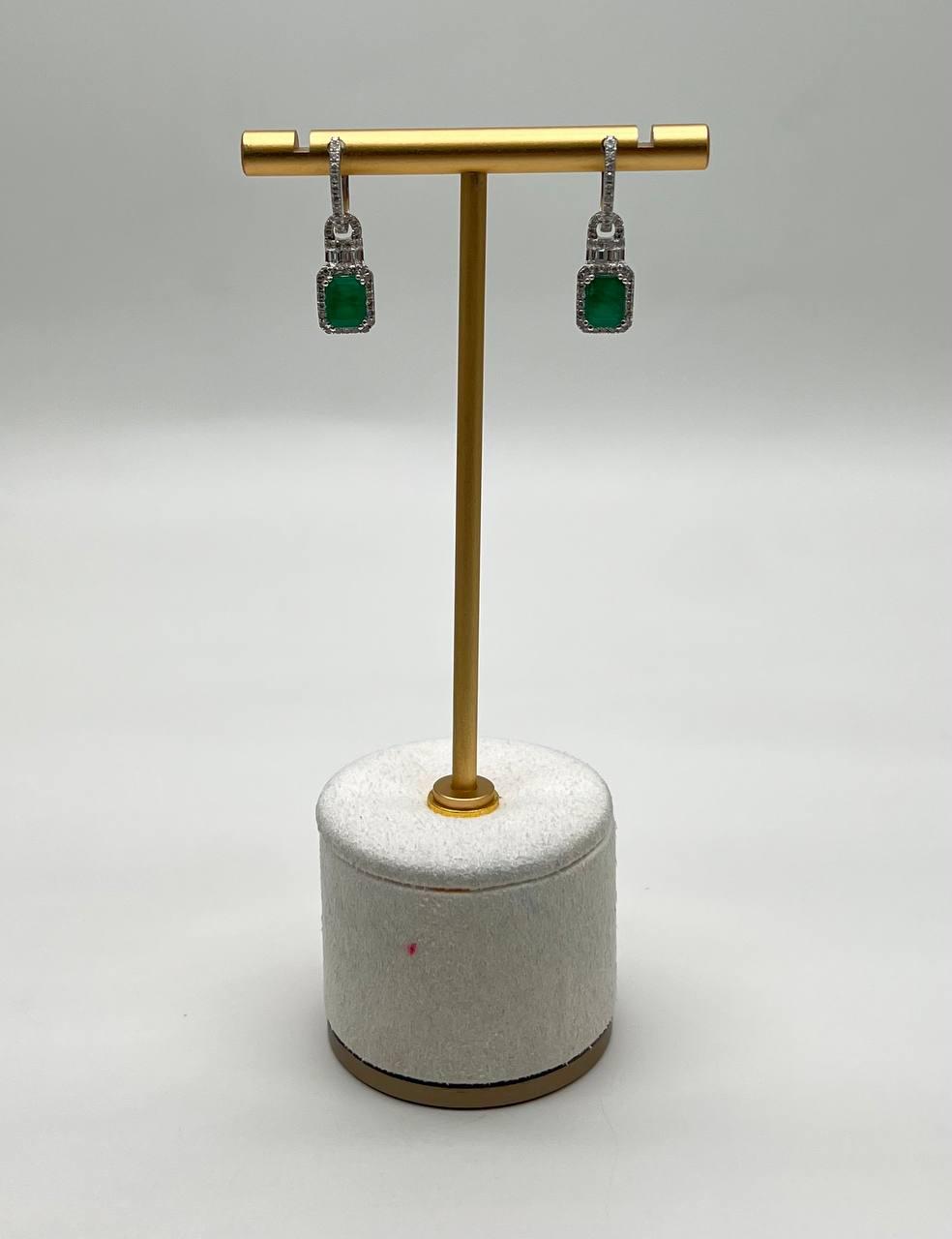 Green Emerald Diamond Halo Set 14K White Gold Statement Drop Earrings