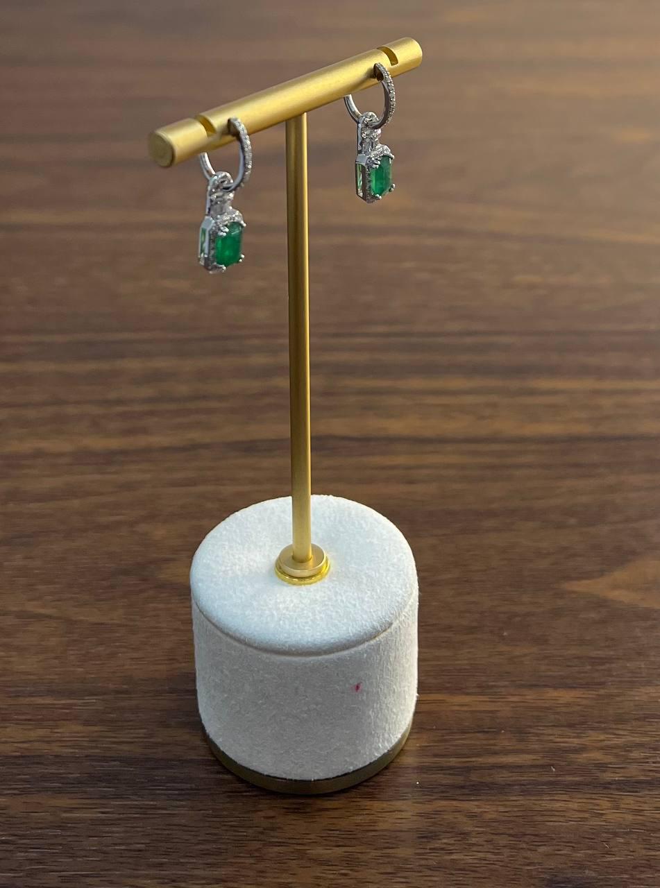 Green Emerald Diamond Halo Set 14K White Gold Statement Drop Earrings