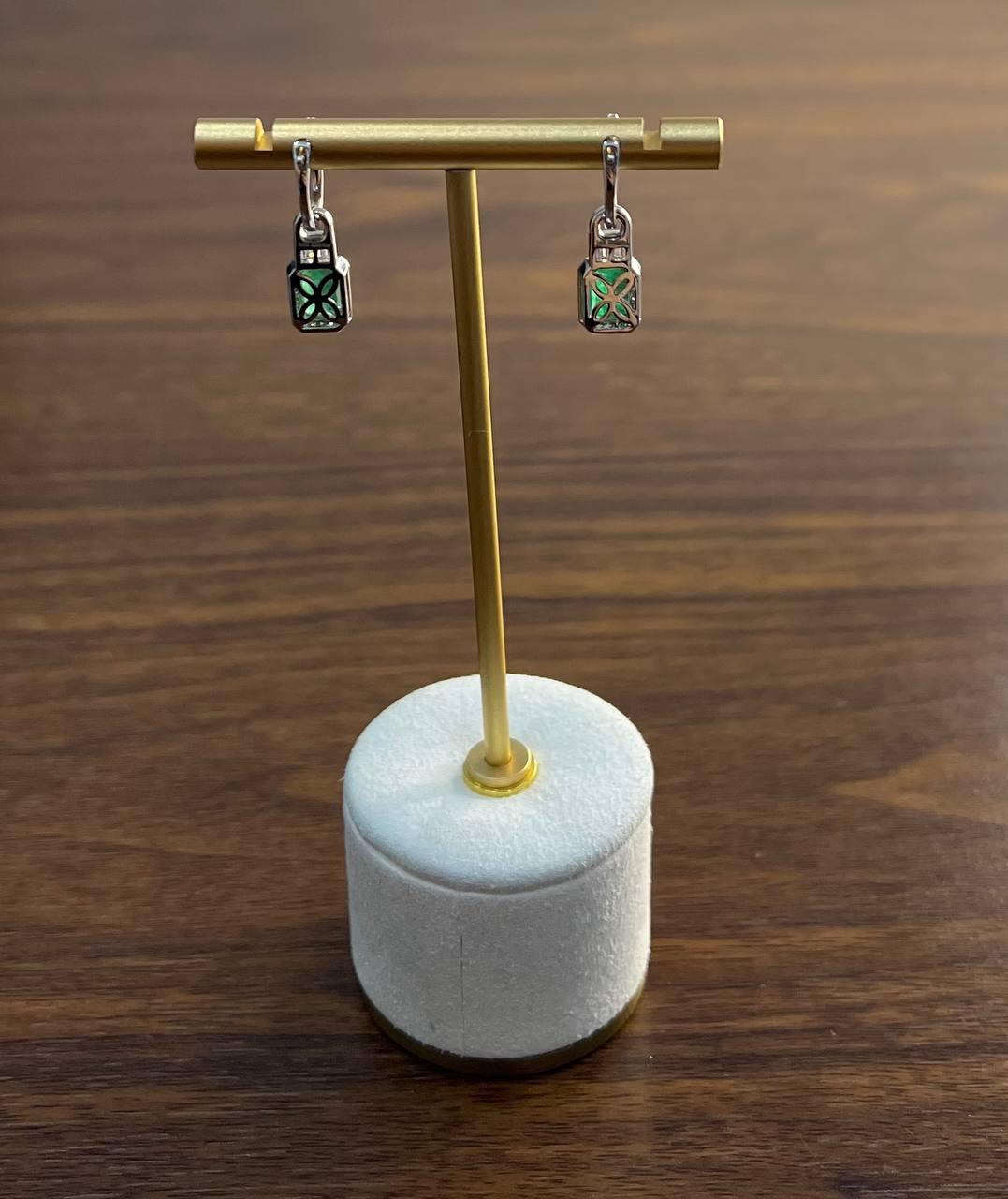 Green Emerald Diamond Halo Set 14K White Gold Statement Drop Earrings