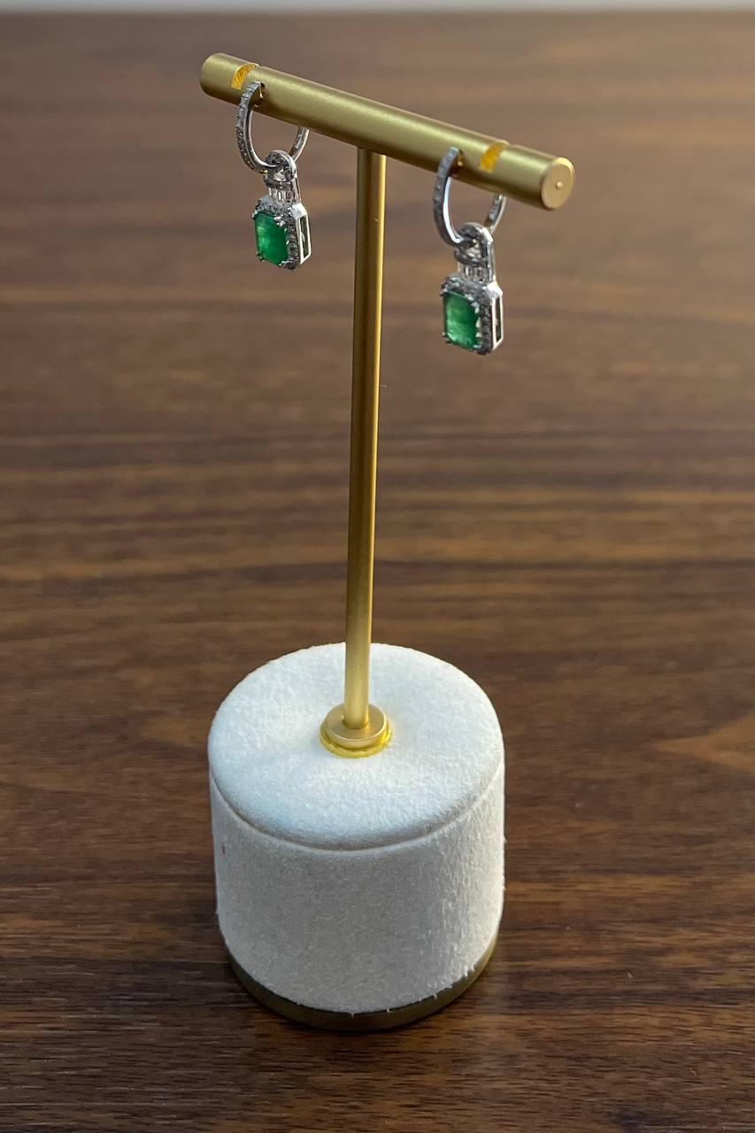 Green Emerald Diamond Halo Set 14K White Gold Statement Drop Earrings