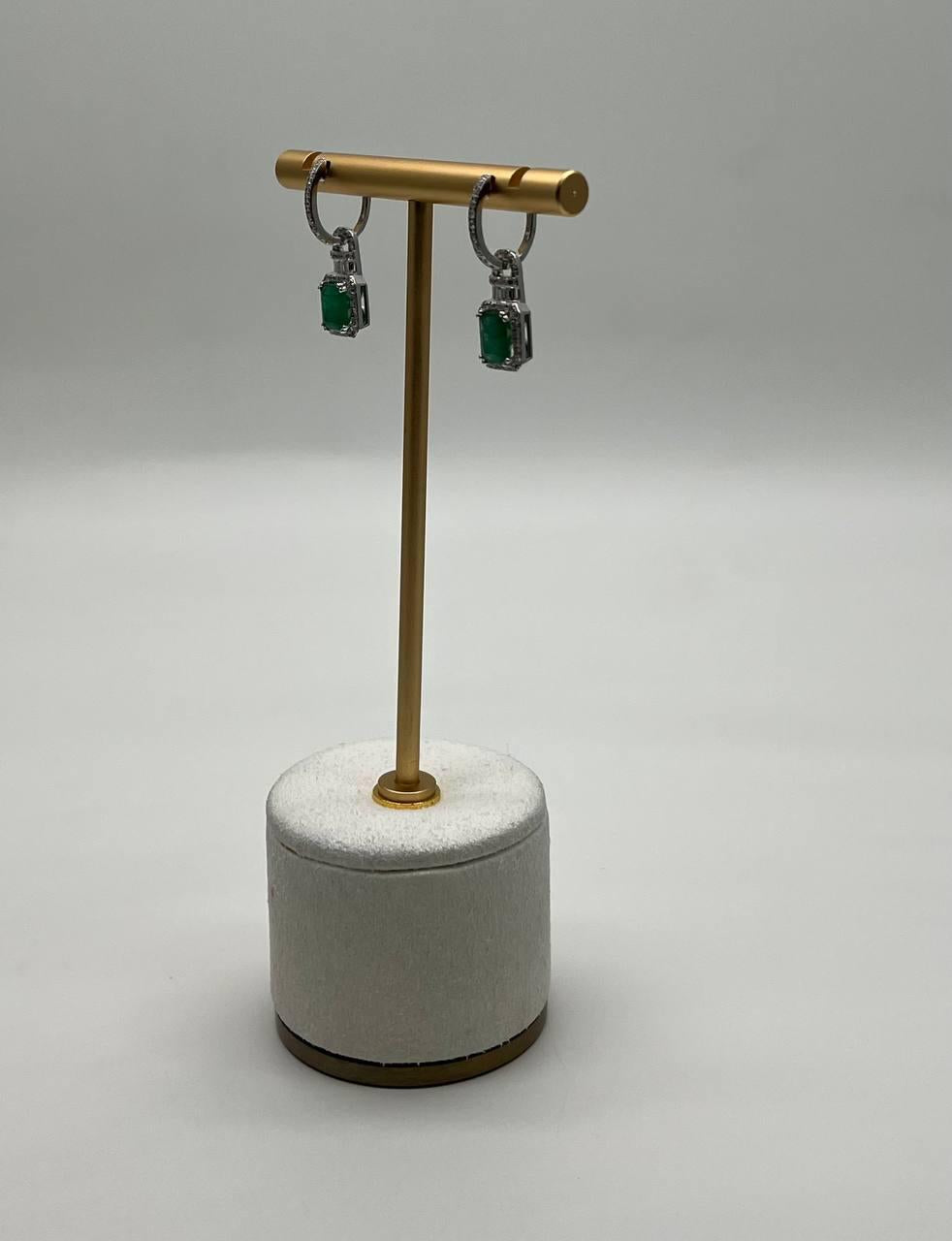 Green Emerald Diamond Halo Set 14K White Gold Statement Drop Earrings