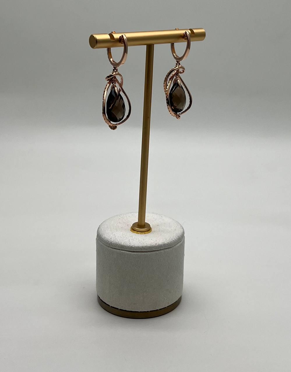 Brown Smoky Quartz Tear Pear Drop Shape Diamond Spiral 14K Rose Gold Earrings