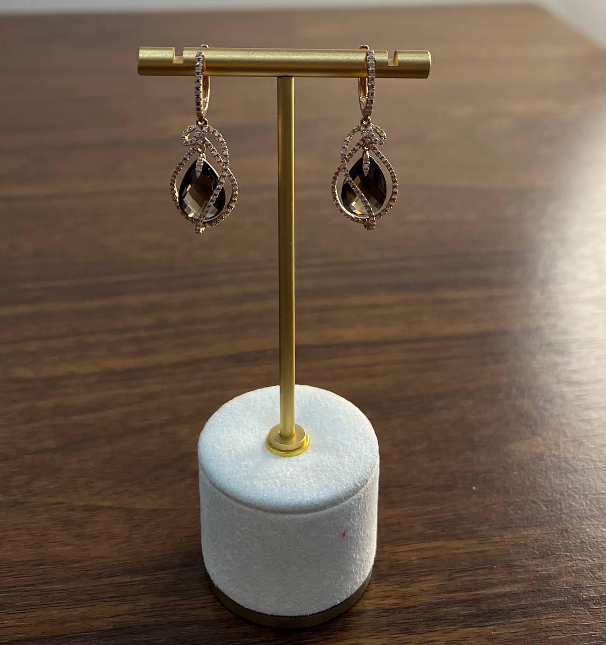 Brown Smoky Quartz Tear Pear Drop Shape Diamond Spiral 14K Rose Gold Earrings
