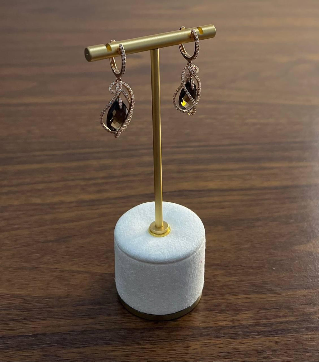 Brown Smoky Quartz Tear Pear Drop Shape Diamond Spiral 14K Rose Gold Earrings