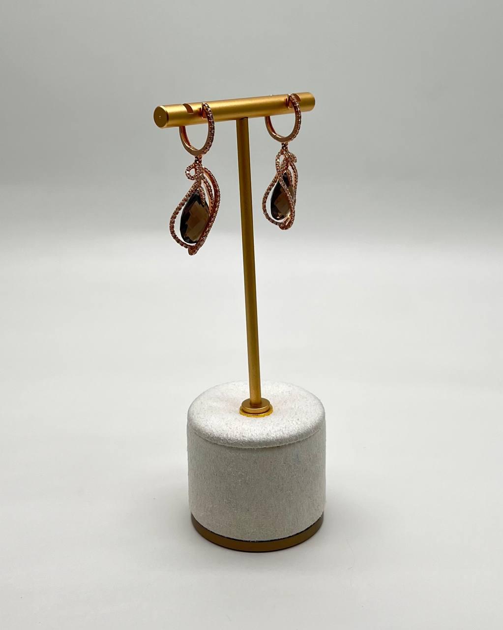 Brown Smoky Quartz Tear Pear Drop Shape Diamond Spiral 14K Rose Gold Earrings