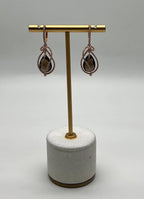 Brown Smoky Quartz Tear Pear Drop Shape Diamond Spiral 14K Rose Gold Earrings