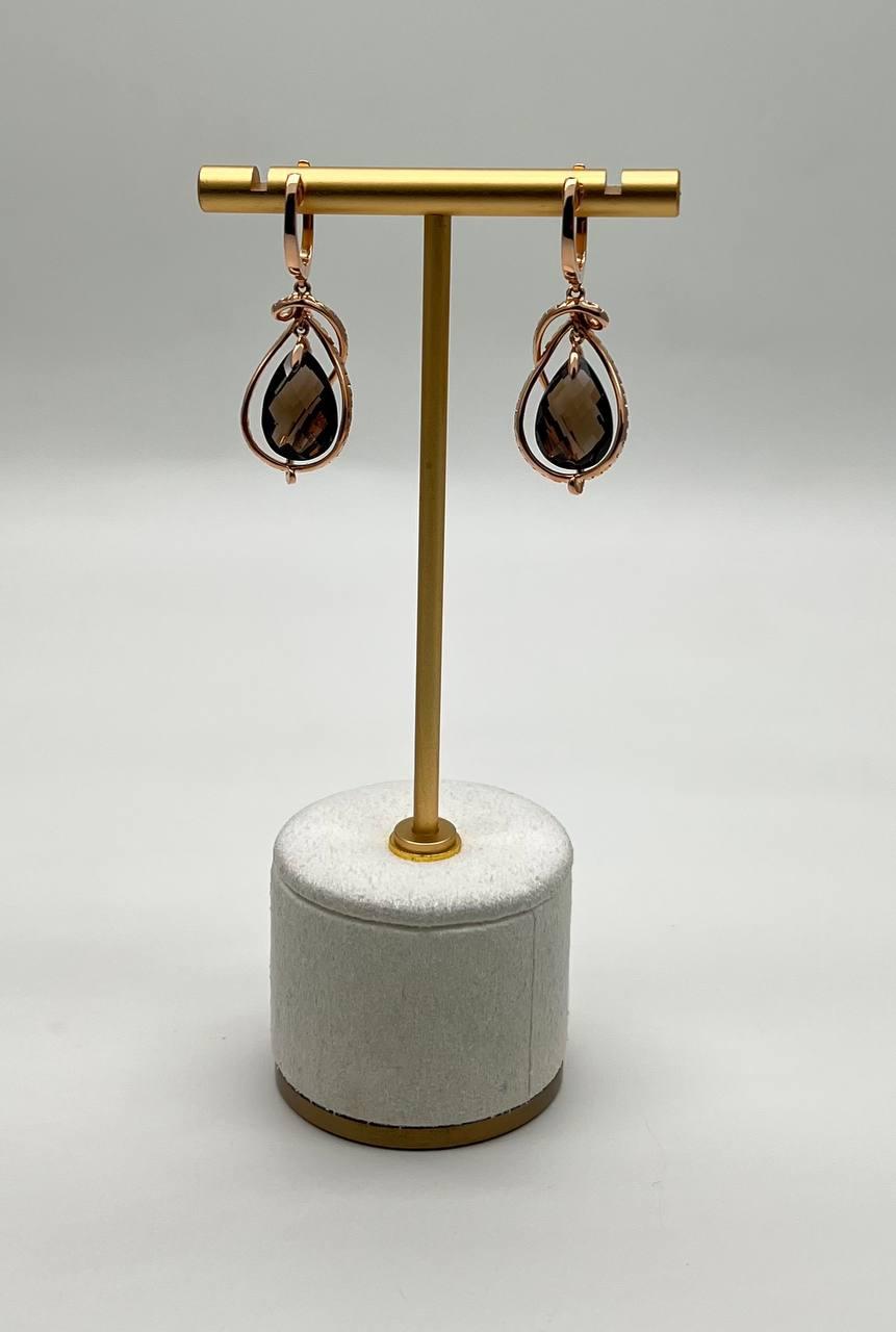 Brown Smoky Quartz Tear Pear Drop Shape Diamond Spiral 14K Rose Gold Earrings