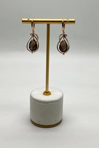 Brown Smoky Quartz Tear Pear Drop Shape Diamond Spiral 14K Rose Gold Earrings