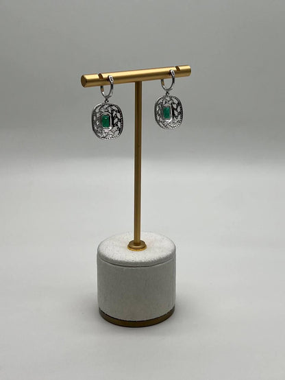 Green Emerald Diamond Lattice Halo 14K White Gold Statement Drop Earrings