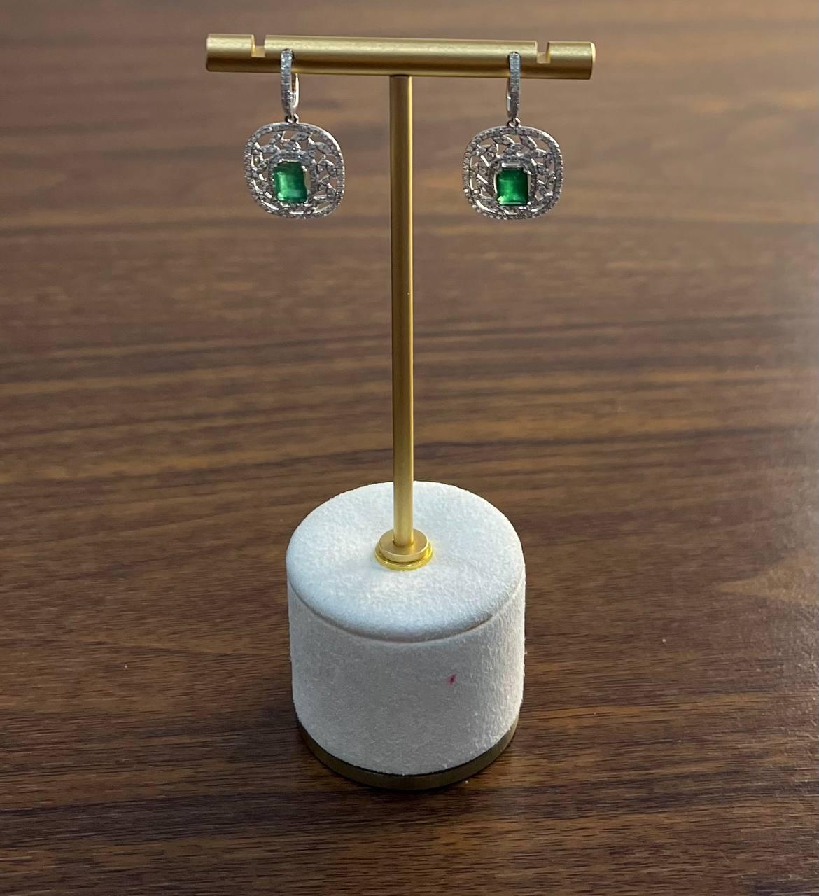 green emerald diamond lattice halo 14k white gold statement drop earrings