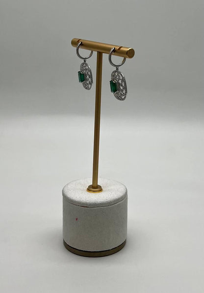 Green Emerald Diamond Lattice Halo 14K White Gold Statement Drop Earrings