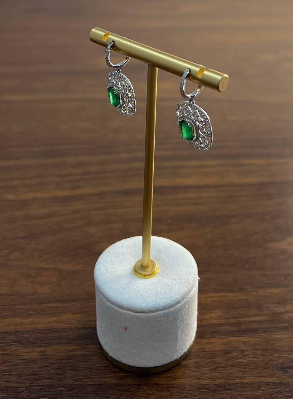 Green Emerald Diamond Lattice Halo 14K White Gold Statement Drop Earrings